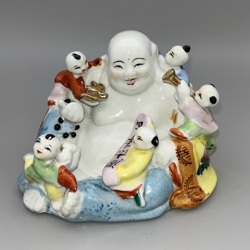 Vintage Chinese Laughing Buddha Porcelain Smiling Children Figurine 10cm tall - Picture 3 of 9