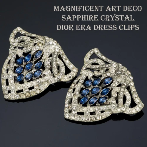 GRANDE broche argentée époque Dior ART DECO pinces robe cristal saphir années 30 Trifari