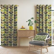 Image of Orla Kiely Multi Stem Eyelet Header Lined 100% Cotton Curtains  - Fern/Ochre
