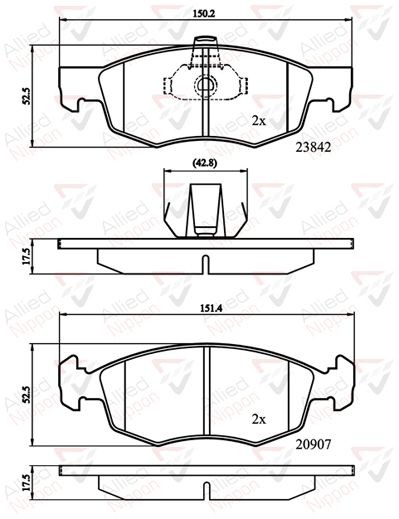 Brake Pad Set Front 150.2 mm Length Fits Fiat Doblo ALLIED NIPPON ADB01221
