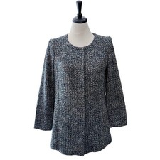 Talbots Boucle Tweed Blue Teal Cream Beige Snap Button Mid Length Jacket New 10