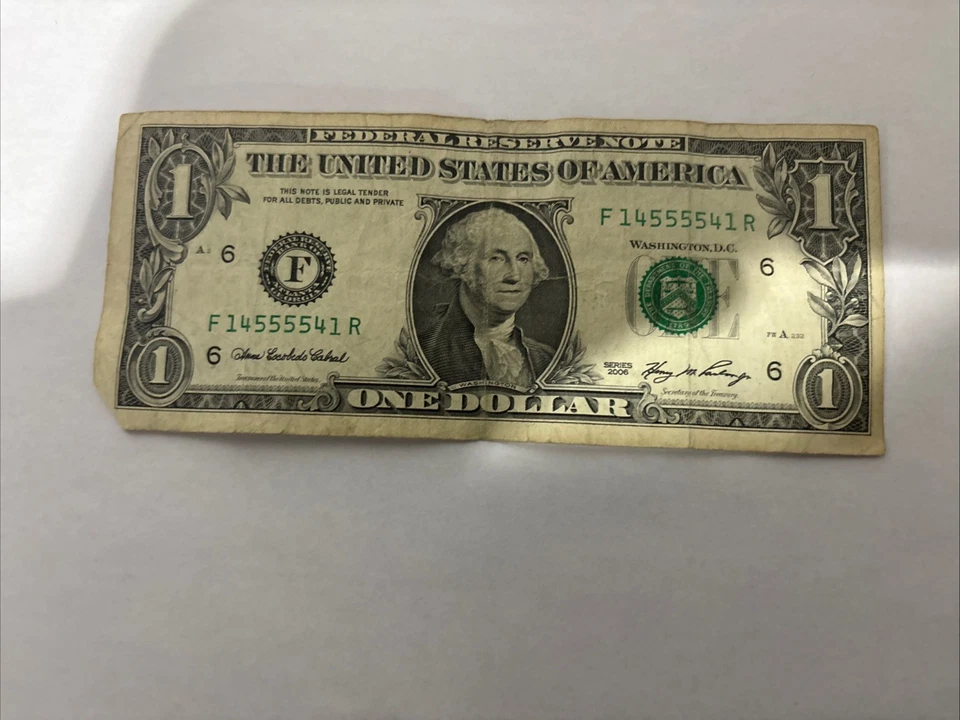 2006 $1 Fancy Serial –F14555541R– Repeater & Palindrome-Style– Rare Dollar Bill - Image 3 of 4