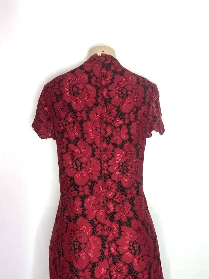 VESTIDO ANTONIO MELANI ROJO OSCURO ENCAJE MANGA CORTA TALLA 8 Foto 3 de 3