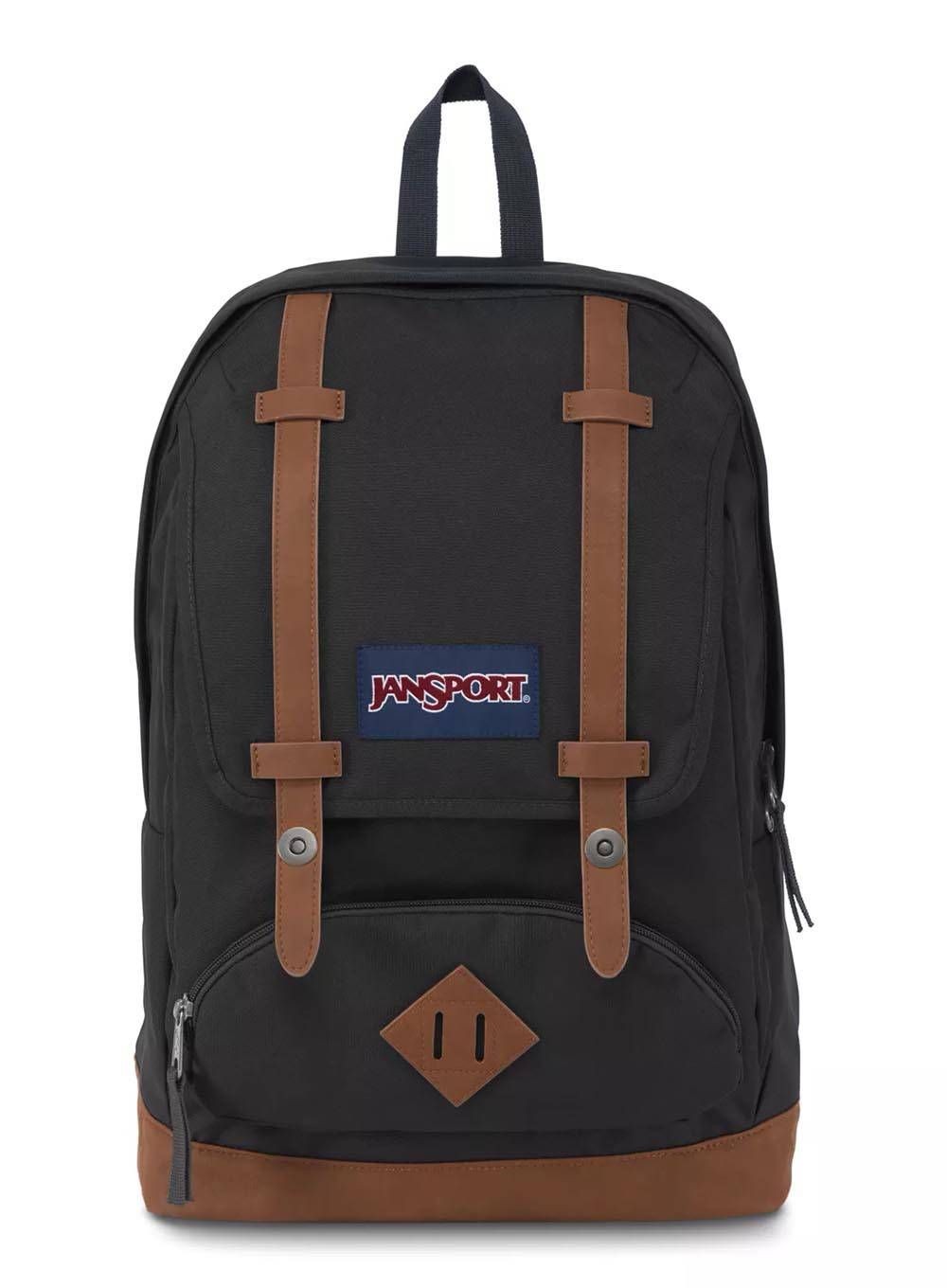 Mochila negra Jansport Cortland con ribete de cuero vegano 15 funda para computadora portátil