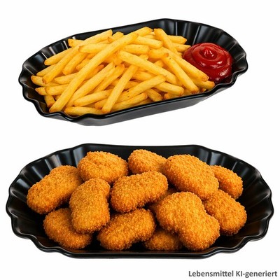 2x Black Fries Pommesschale schwarz Currywurst-Schale Porzellan Servier-Teller