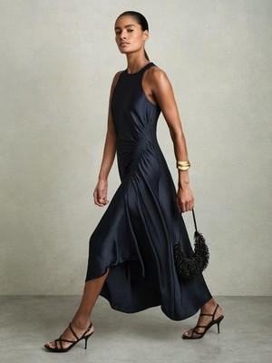 Reiss Anessa Satin gerafftes Midikleid marineblau UK Größe 14