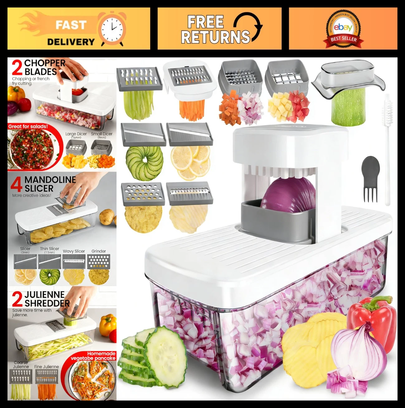 8-in-1 Vegetable Chopper Mandoline Slicer with 8 Blades & Container - Easy Food