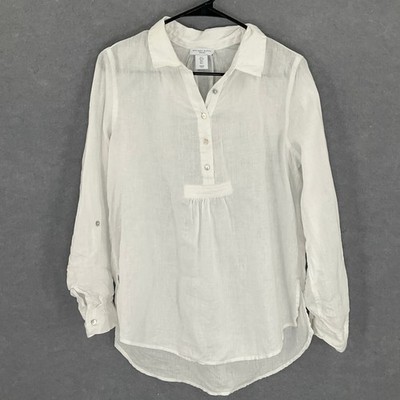 Antibes Blanc Women's White Linen Long Sleeve Button Up Top Sz L Sustainable