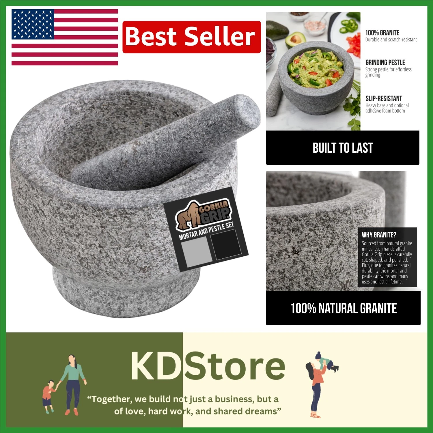 100% Natural Granite Mortar and Pestle with Slip-Resistant Base – 1.5 Cup Size