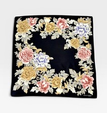Anne Klein Silk Square Scarf Black with Floral Chrysanthemums Print Korea