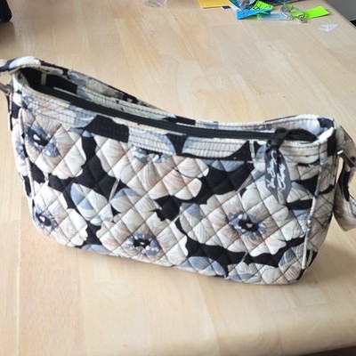 Vera Bradley Quilted Floral Shoulder Bag Zip Top Lined Outer Pockets Silver
