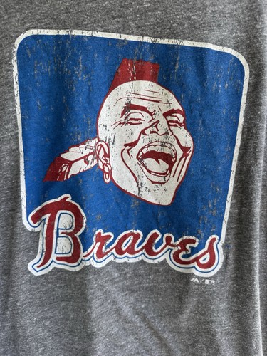 ATLANTA BRAVES Retro Grey/ Blue 3/4 TEE SHIRT Distressed Graphic Raglan Large - Picture 2 of 6