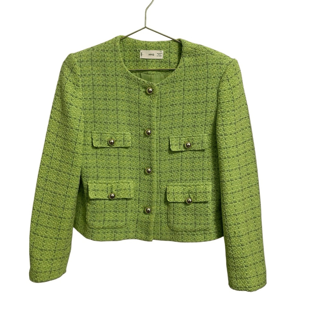 MANGO Pocket Gold Button Lime Green Tweed Blazer … - image 1