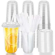 20oz Disposable Stemless Glasses with Flat Lids and Straws,PET Disposable Dri...