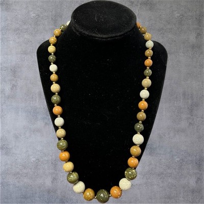 Multicolor Beaded Stone Look Necklace 22'' Green Yellow Cream Boho Graduated