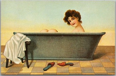 Vintage Swedish Comic / Peek-A-Boo Postcard Woman in Bathtub / Guys' Bald Heads