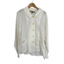 FLAX Size P Petite 100% LINEN Button Front Boxy Top Cream Jacket Minimalist