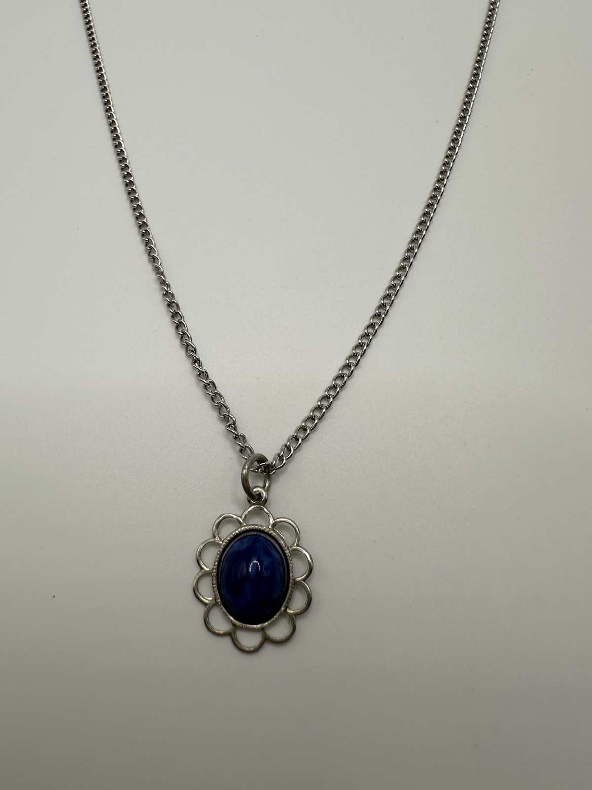 Silver Tone Chain Necklace With Oval Filigree Pendant Blue Resin Stone 18”