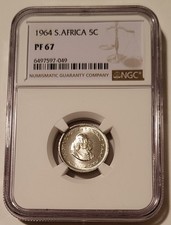 NGC South Africa 1964 Silver 5 Cents Proof PF67 Low Mintage