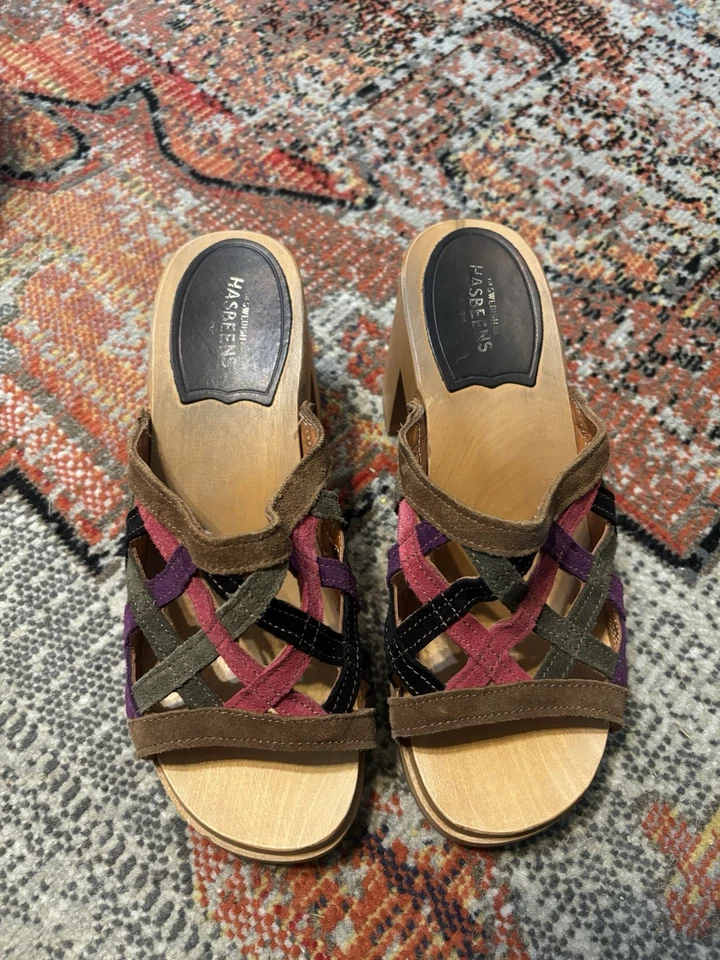 Swedish Hasbeens Clog Sandals Basket Weave Suede Leather Heel Platform 8 (38) - Image 2 of 4