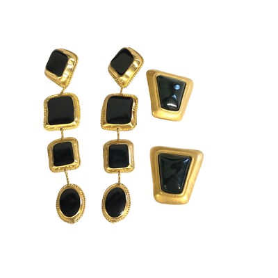 2 Pairs Earrings Gold Tone Black and Green Stones Unbranded Very Well Made