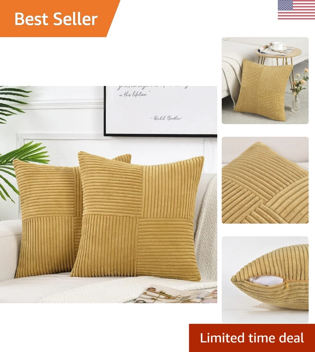 Elegant Corduroy Throw Pillow Covers - Soft Patchwork Design 18x18 Inch Set of 2