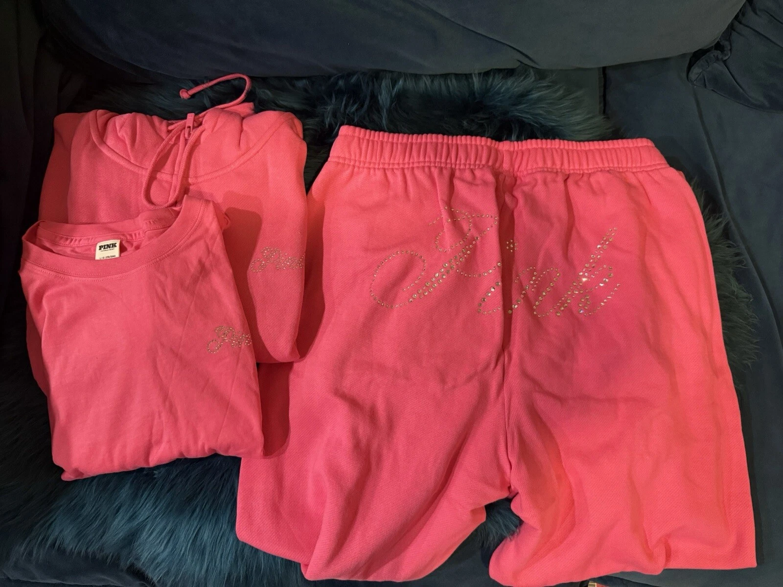 UNDERCOVER Victoria’s Secret Rosa 3pz Y2K Crown Bling pantaloni della tuta felpa con cappuccio full zip camicia L