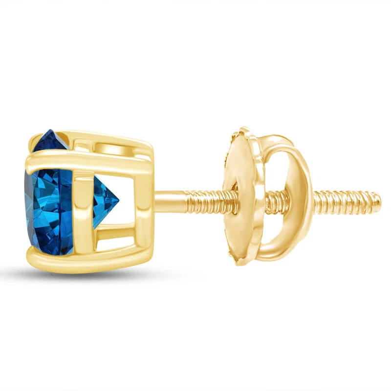 Aretes solitarios individuales para hombre circonita cúbica azul en oro amarillo de 14 K Foto 2 de 4