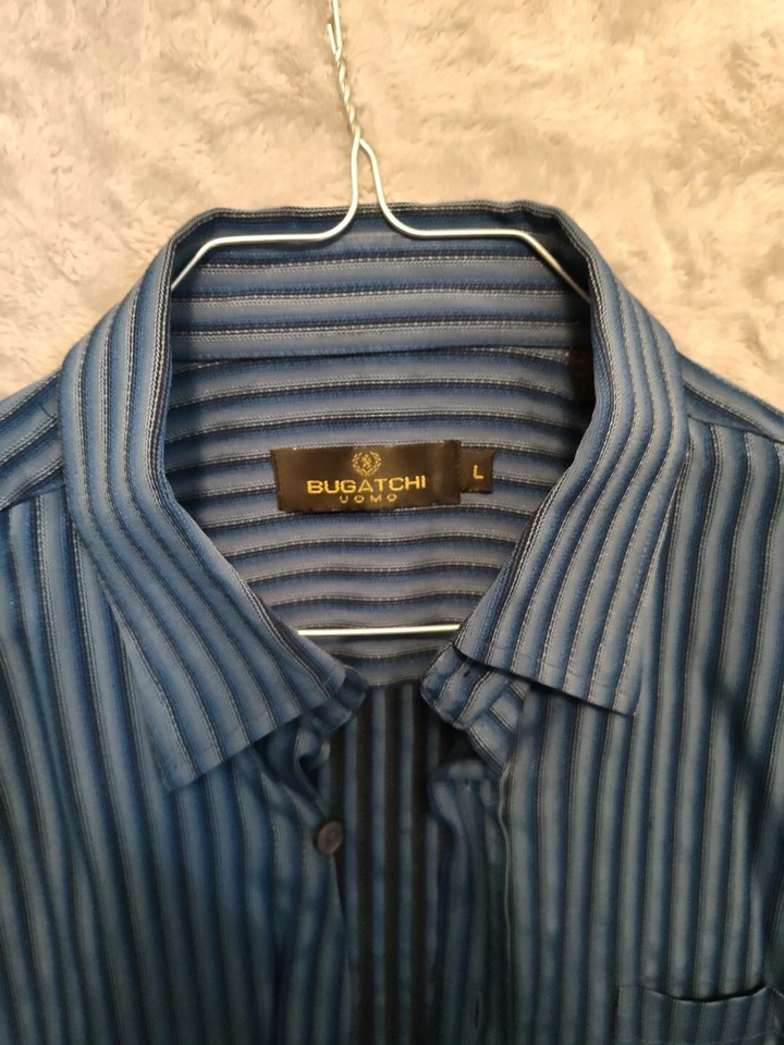 Bugatchi Uomo Classic Fit Men Size L Striped Rayon Long Sleeve Casual Shirt Blue - Image 2 of 4