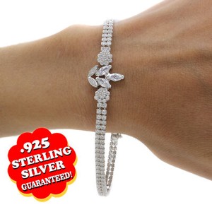 Authentic 14K White Gold Plated Two Flower Two Row Bracelet 7"