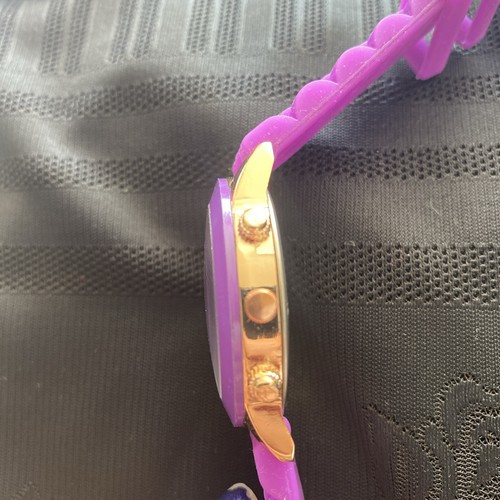 Geneva Purple Dial Bezel Rubber Band Rose Gold Tone Case 37.5 mm 9 Inch Watch - Picture 2 of 5