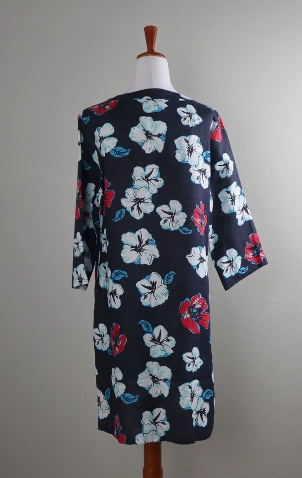Vestido túnica TALBOTS $129 azul marino floral 100 % lino cuello en V cuentas talla mediana Foto 4 de 4