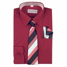 BERLIONI ITALY KIDS BOYS DRESS SHIRT LONG SLEEVE WITH TIE  HANKY SOLID BURGUNDY