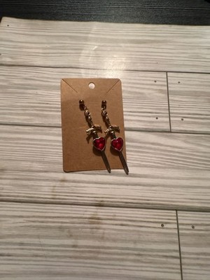 Gothic Gold Dagger Earrings with Red Crystal Heart Charms