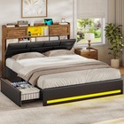 Queen Bed Frame with Bookcase Headboard and Sliding Doors, Upholstered LED Bed