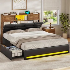 Queen Bed Frame with Bookcase Headboard and Sliding Doors, Upholstered LED Bed