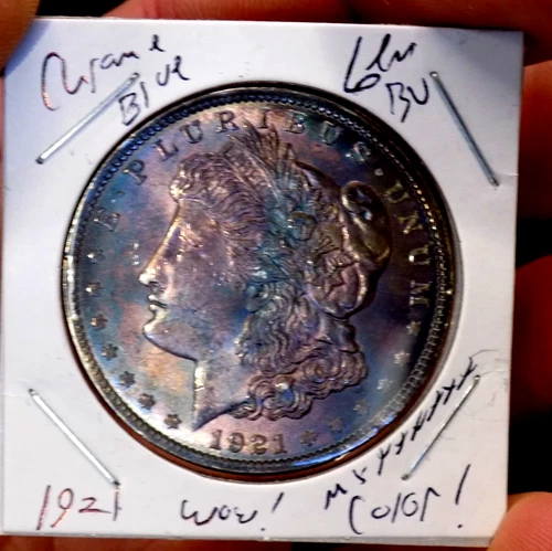 MORGAN SILVER DOLLAR 1921 GEM BU CHROME BLUE RAINBOW WOW COIN MS+++++