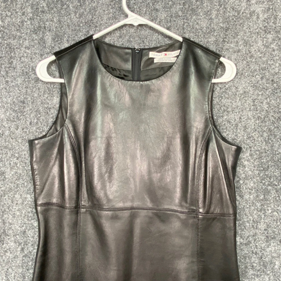 Vestido Tommy Hilfiger Vintage Cuero Negro Talla 10 Funda Sin Mangas Mini Años 90 Foto 4 de 4