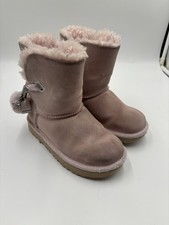 UGG Pink Suede Bootie Pom Pom Bow Fur Lined Kids Size 13 EU 31 Winter Shoes