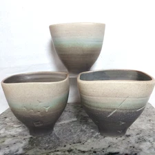 Matte Glaze Earthtones Pottery Stoneware Tea Bowl Set of 3 Asian Japanese Style