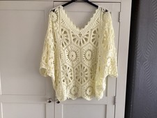 GORGEOUS SLOUCH OVER-LAYER  CROCHET COTTON LEMON TOP. 14-16