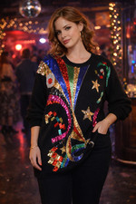 VTG snow time Sequin Sweater Oversized Black XL Retro Party Women XL