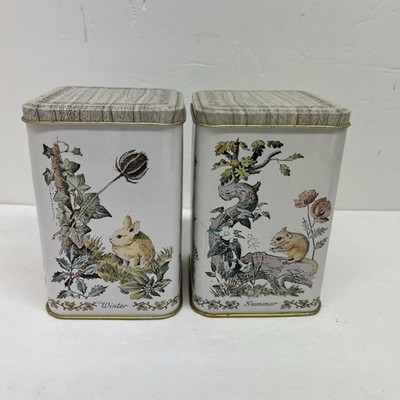 Vintage Container Tin Woodland Animals Four Seasons Tea England Pair