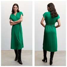 Mango Bow Wrap Midi Dress Size 2 Green Short Sleeve Jersey