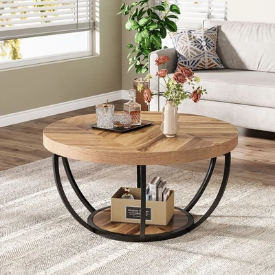 TRIBESIGNS Round Coffee Table, Industrial 2-Tier Circle Coffee Table with Storage Shelves