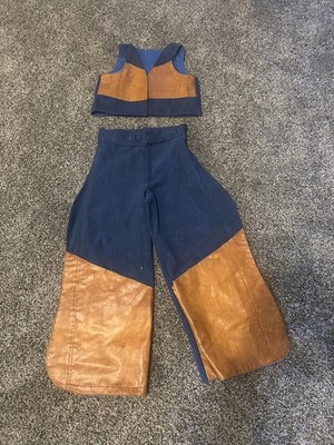 VTG 70s Child s costume Denim Leather Vest Pants 2 Piece Set 8-10 BlueTan Chaps