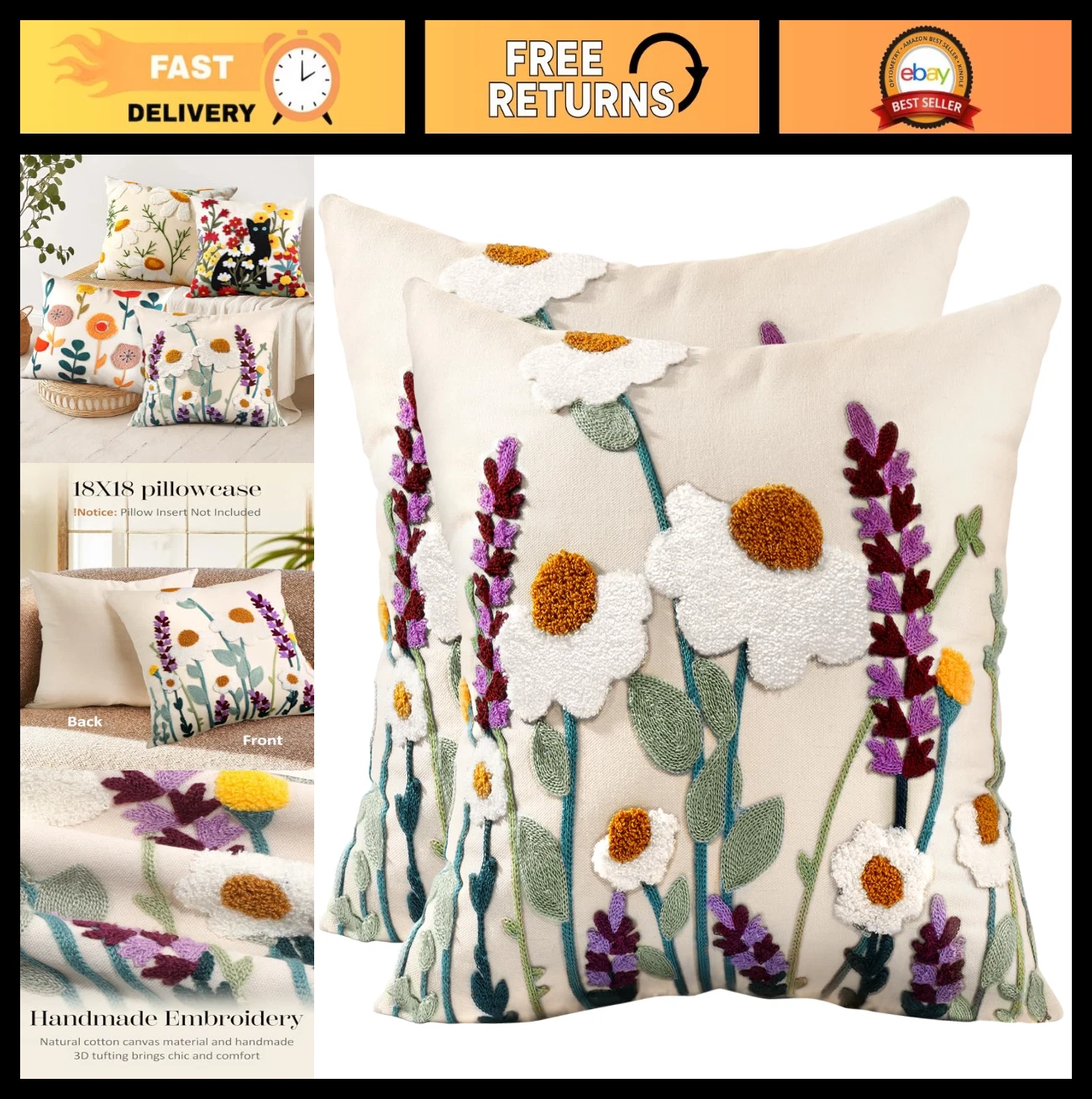 Set of 2 18x18 Inch Embroidered Floral Throw Pillow Covers - Summer Decorative C