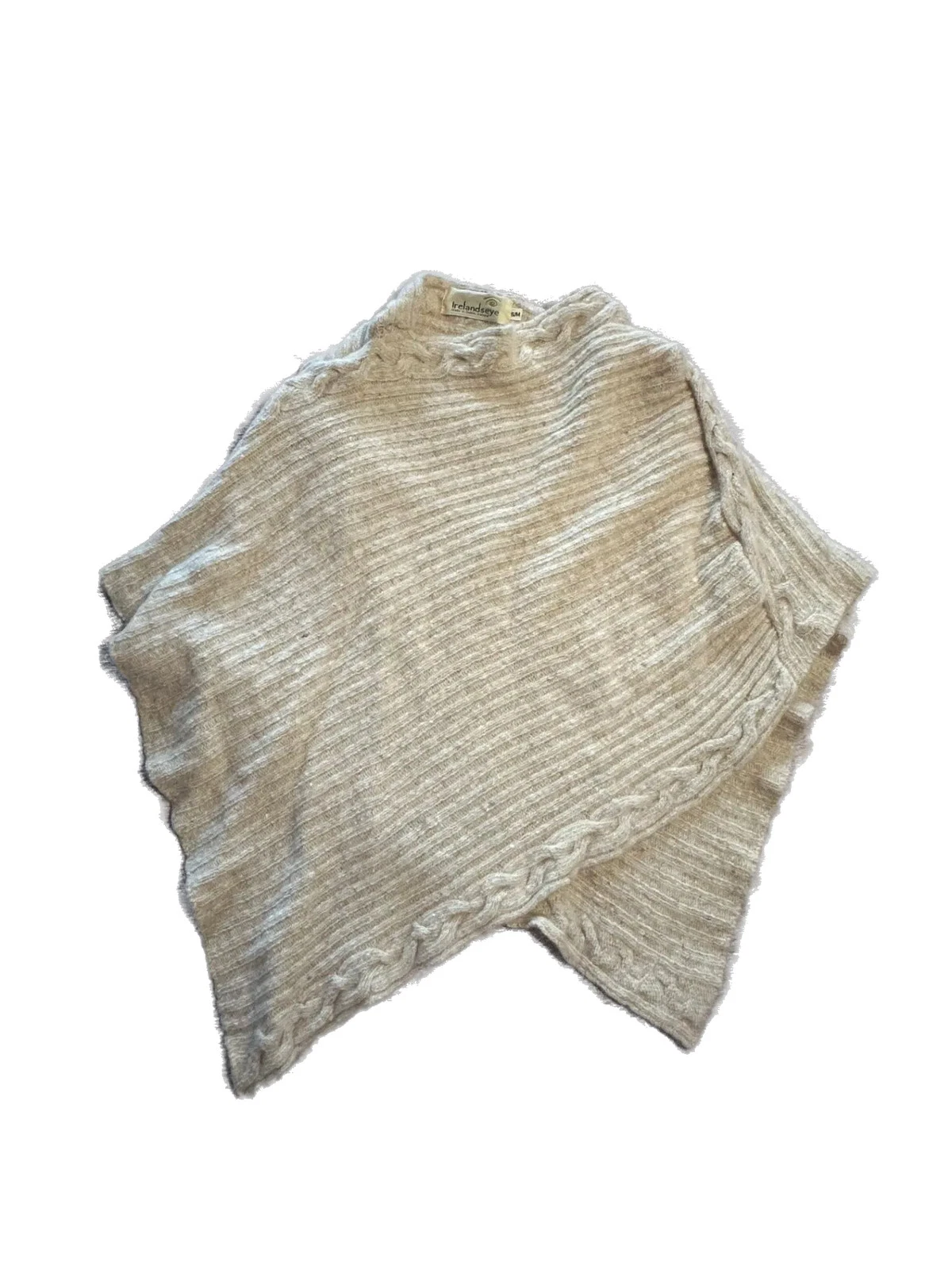 Irelandseye Womens Poncho Sweater S/M Beige 100% Merino Wool Irish Cable Knit