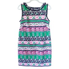 Talbots Paisley Preppy Shift Dress Size 10 Green Pink Floral Fringe Coastal Mod