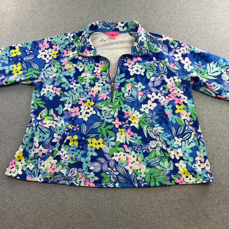 Sudadera Lilly Pulitzer Mujer XXL Azul Floral Patrón Popover Cuarto Cremallera Foto 2 de 4